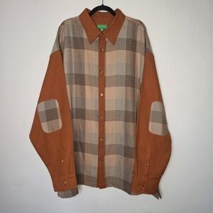 Giorgio Inserti Shirt Mens 5XL Brown Plaid Mixed Media Elbow Patch Button Down